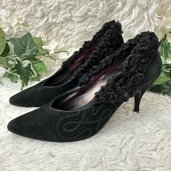 Susan Bennis/Warren Edwards Vintage Black Suede Statement Fur Patch Heels sz 8.5 - Picture 4 of 11